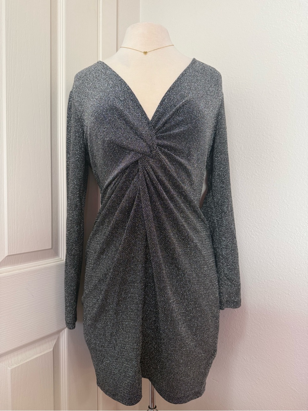 H&M Metallic Twist-Front Long-Sleeve Mini Dress - Silver